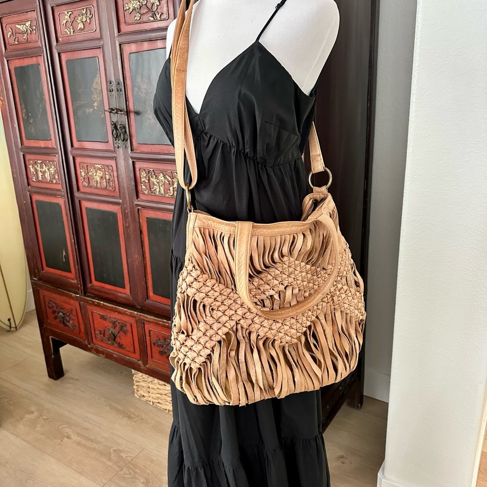 Tan Woven Leather Shoulder Bag